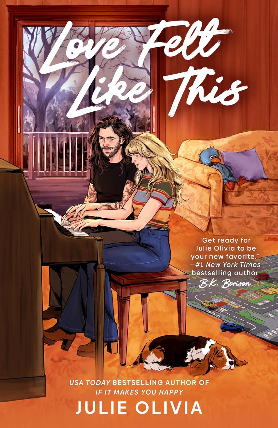 Book cover of 'Love Felt Like This' by Julie Olivia featuring a couple on a couch with a dog.