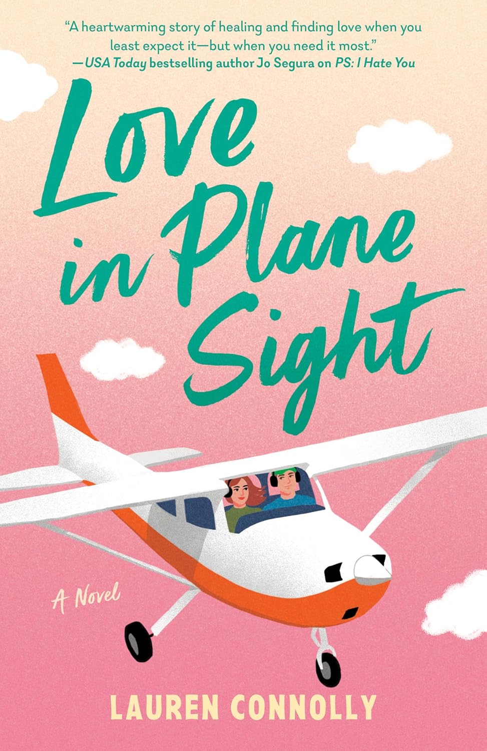 Book cover of 'Love in Plane Sight' with a pink background, airplane illustration, and text.