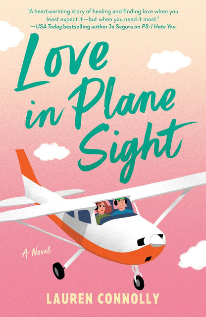 Book cover of 'Love in Plane Sight' with a pink background, airplane illustration, and text.