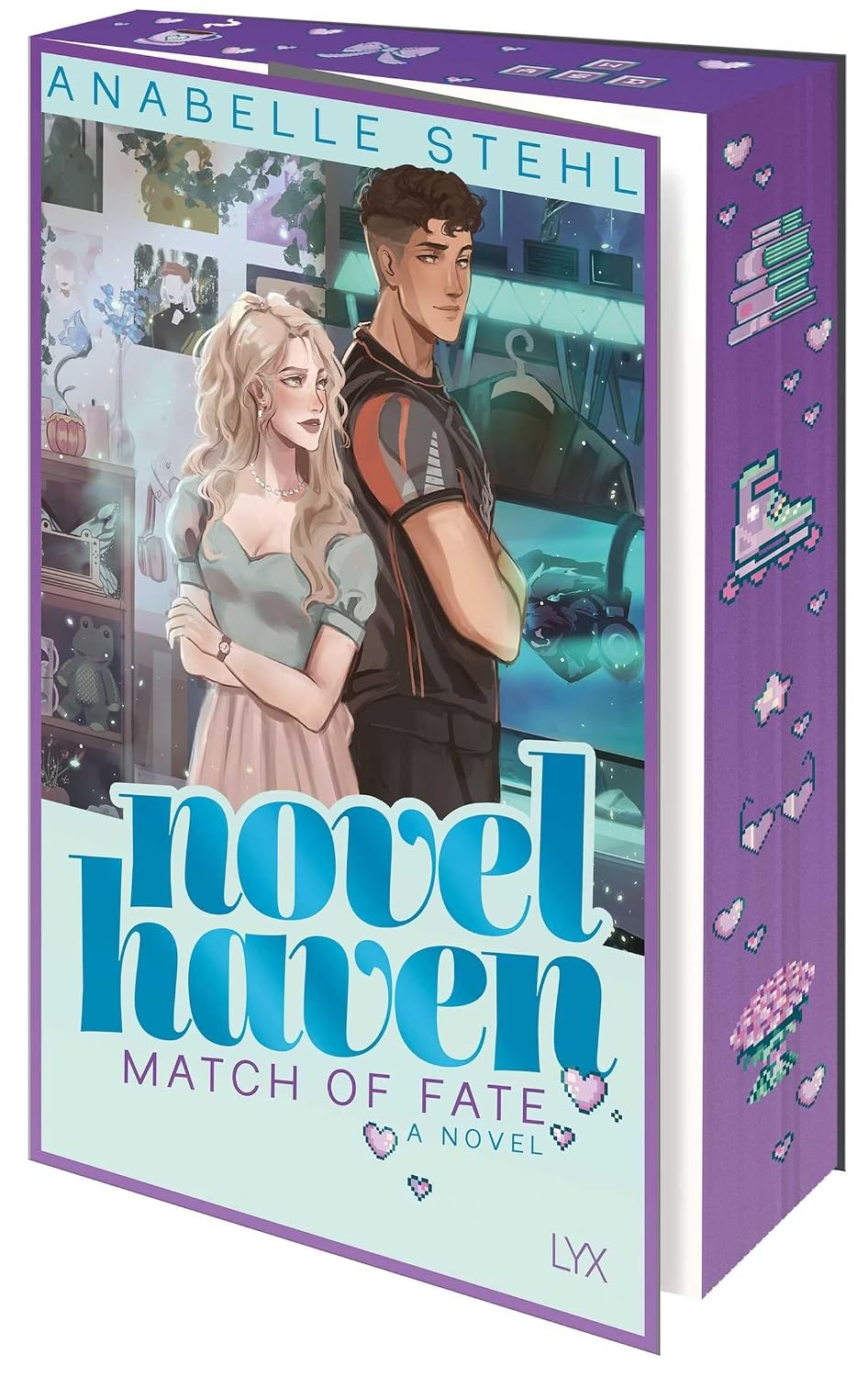 Book cover of 'Novel Haven: Match of Fate' by Anabelle Stehl with a purple border and illustration of two characters.