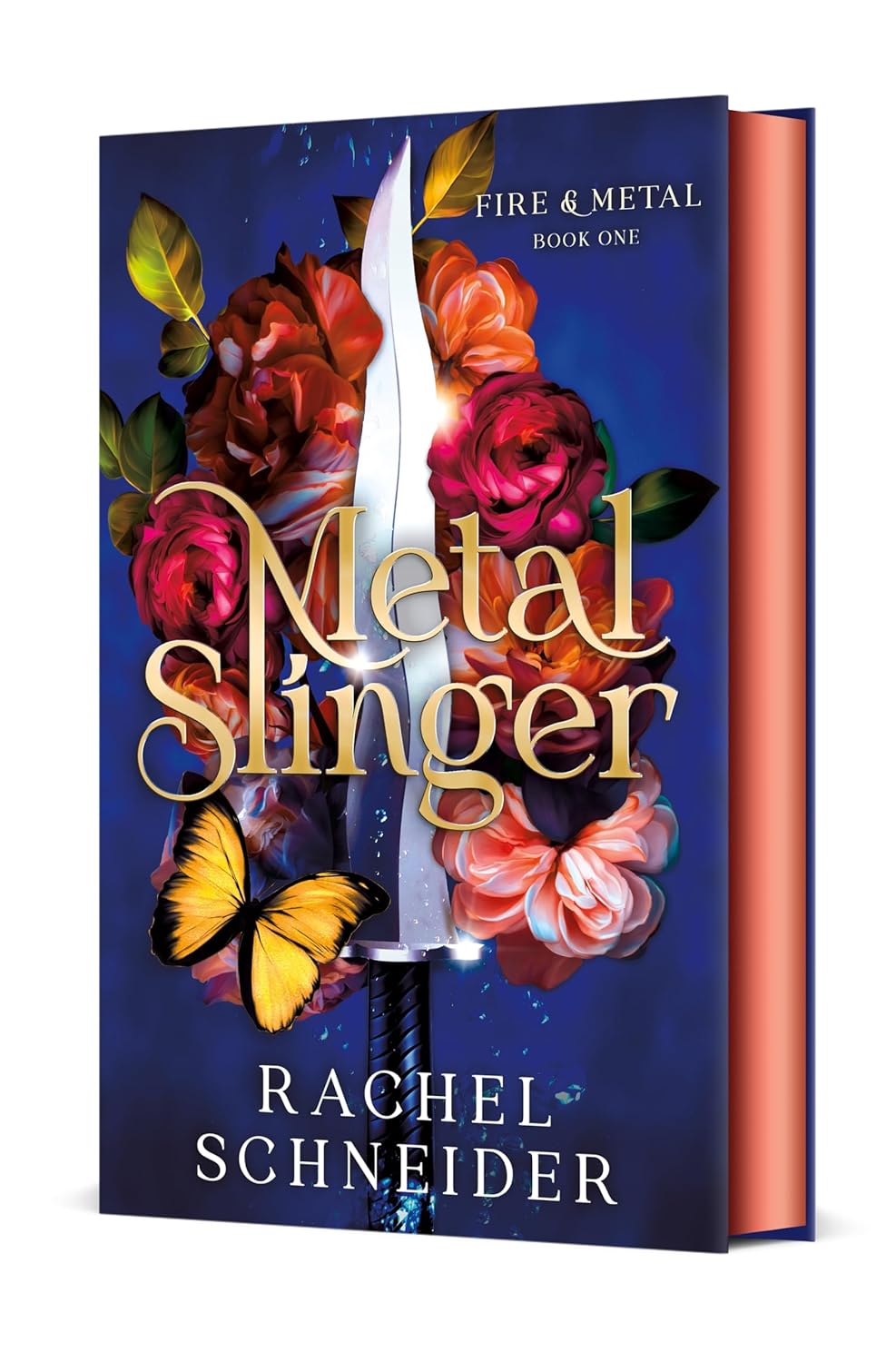 Book cover of 'Metal Slinger' by Rachel Schneider with colorful flowers and a sword on a blue background.