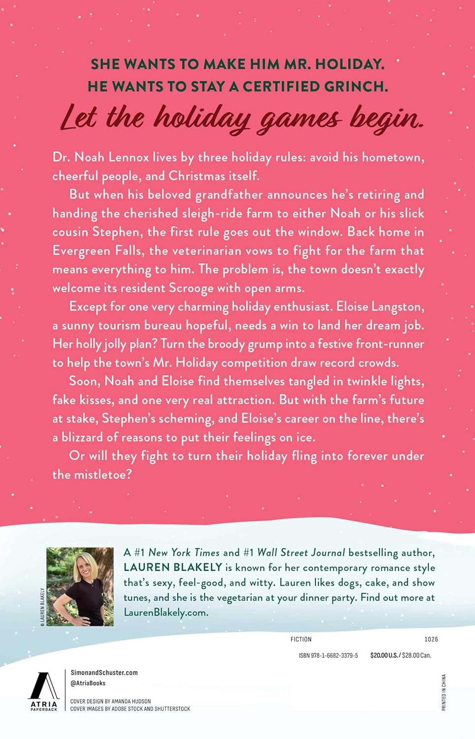 Promotional text for a holiday-themed book with a pink background and a photo of a woman.