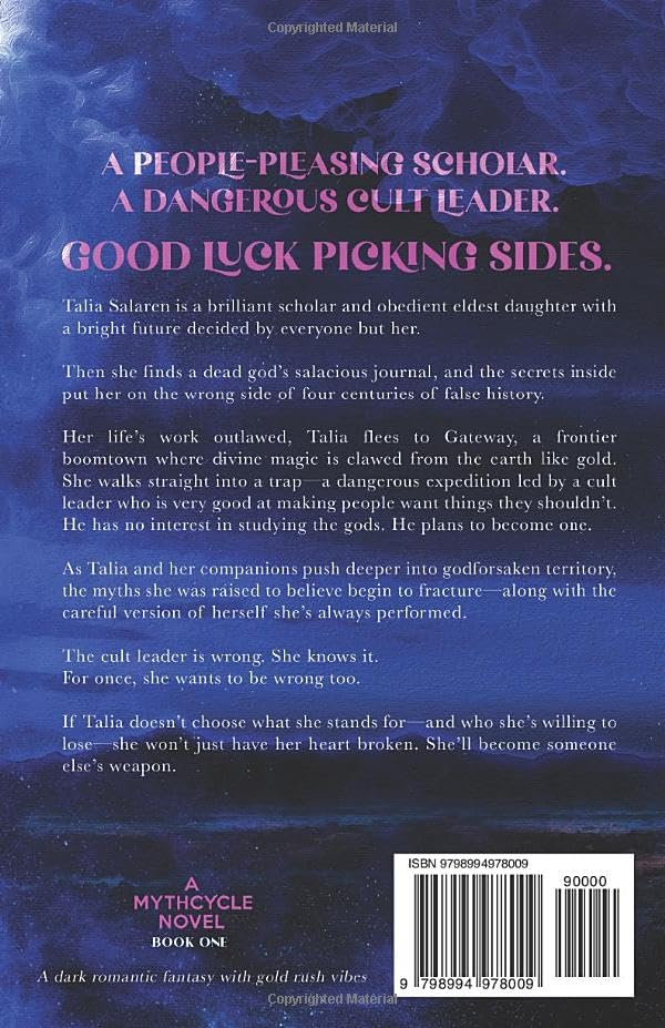 Back cover of the book, featuring a dark blue fantasy-style background with purple and pink title text, a synopsis of the novel, and a barcode at the bottom right.