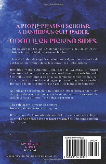 Back cover of the book, featuring a dark blue fantasy-style background with purple and pink title text, a synopsis of the novel, and a barcode at the bottom right.