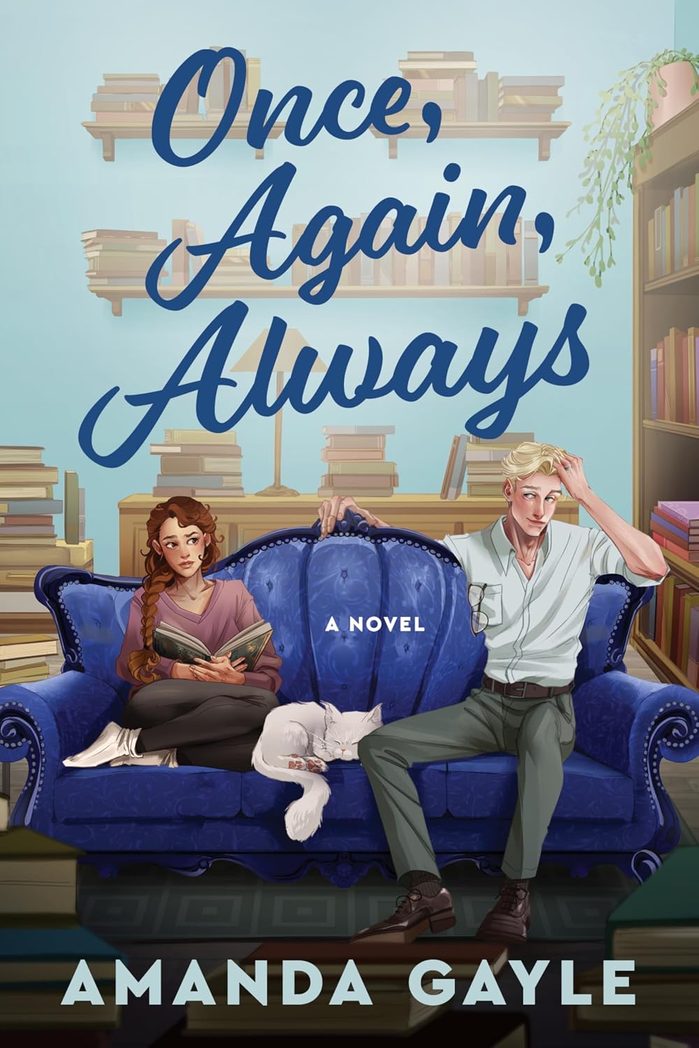 Book cover of 'Once, Again, Always' by Amanda Gayle featuring two people on a blue couch in a library.
