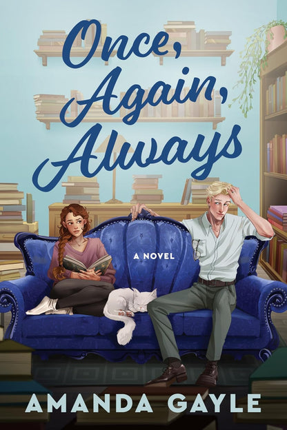 Book cover of 'Once, Again, Always' by Amanda Gayle featuring two people on a blue couch in a library.