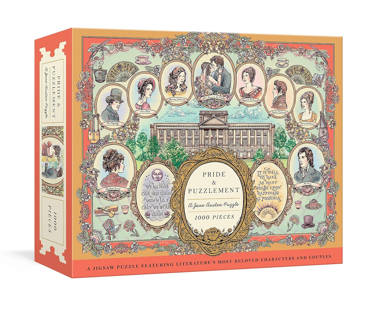 A jigsaw puzzle box titled "Pride & Puzzlement" with 1000 pieces, featuring an ornate vintage illustration collage on the front and spine. The box is orange with a detailed multicolor illustration depicting literary characters in oval frames around a central title panel.
