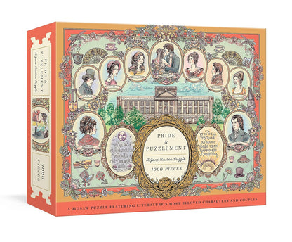 A jigsaw puzzle box titled "Pride & Puzzlement" with 1000 pieces, featuring an ornate vintage illustration collage on the front and spine. The box is orange with a detailed multicolor illustration depicting literary characters in oval frames around a central title panel.
