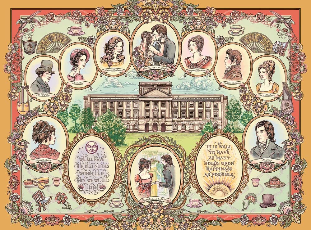 An ornate vintage-style illustrated print featuring a grand classical building at the center, surrounded by oval portraits of people, decorative floral borders, teacups, fans, and quote panels on a warm orange background.