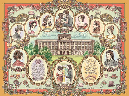 An ornate vintage-style illustrated print featuring a grand classical building at the center, surrounded by oval portraits of people, decorative floral borders, teacups, fans, and quote panels on a warm orange background.