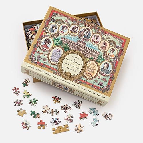 Jigsaw puzzle set with decorative box featuring illustrations of characters and text.