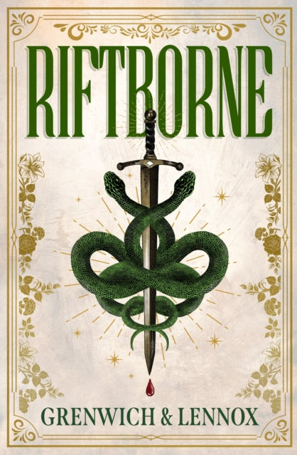 Book cover of 'Riftborne' with a sword and snake design on a decorative background.