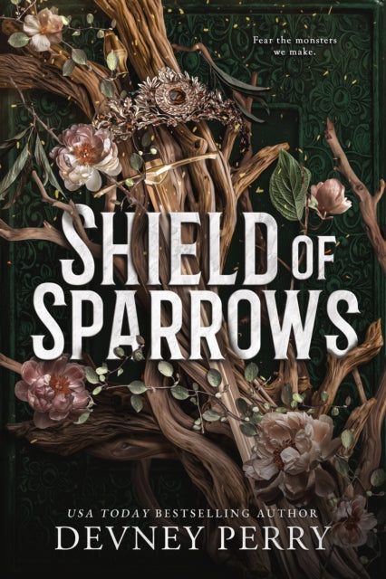 Book cover of 'Shield of Sparrows' with floral design and text.