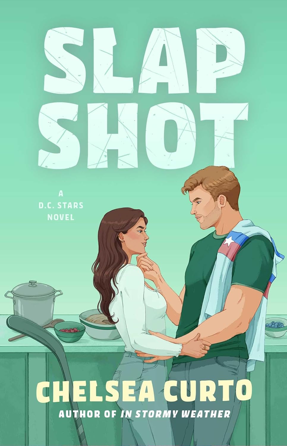 Book cover of 'Slap Shot' by Chelsea Curto featuring a couple in a kitchen.