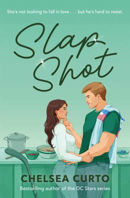 Book cover for 'Slap Shot' by Chelsea Curto, featuring a teal background with a romantic illustrated couple in a kitchen and bold black title text.