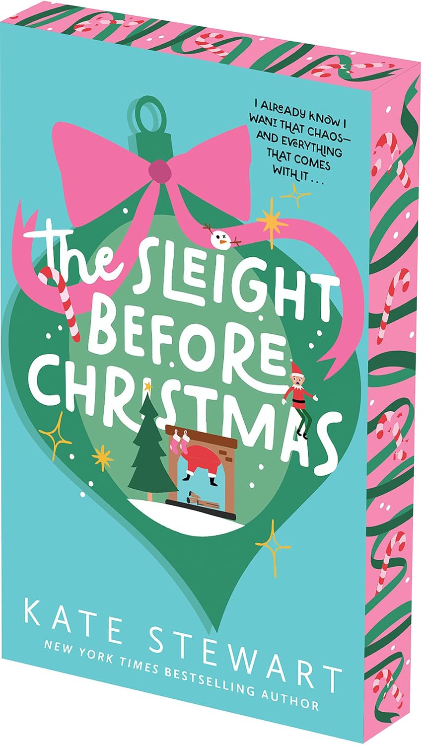 Book cover for 'The Slight Before Christmas' by Kate Stewart, featuring a turquoise background with a large pink bow, green heart-shaped ornament illustration, white title text, and holiday-themed artwork on the side panels.