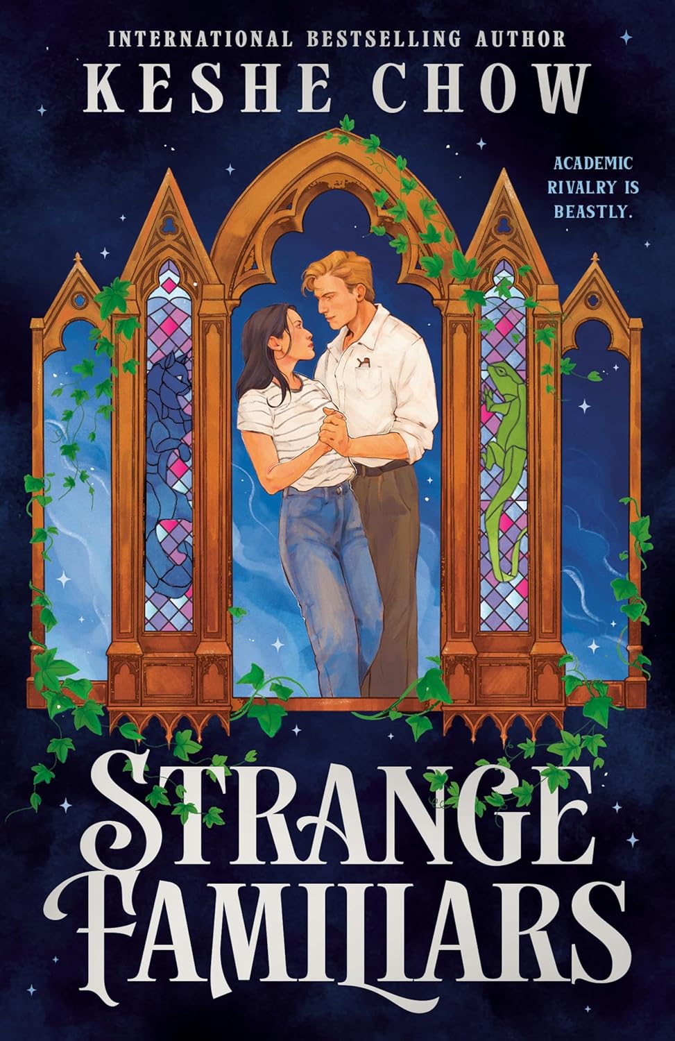 Book cover of 'Strange Familiars' featuring a couple in front of a stained glass window.