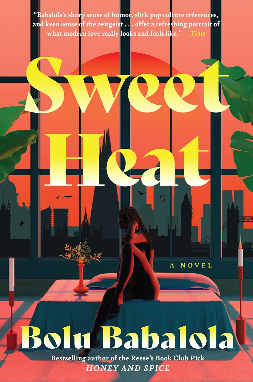 Book cover of 'Sweet Heat' by Bolu Babalola with a silhouette of a woman on a bed and city skyline.