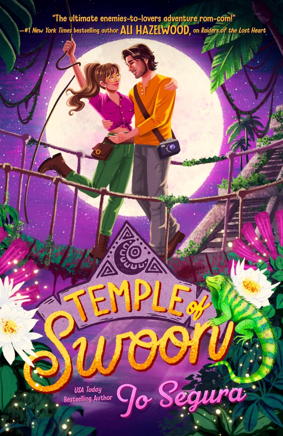 Book cover of 'Temple of Swoon' featuring two characters on a bridge with lush foliage.