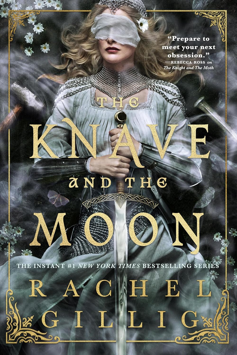 Book cover of 'The Knave and the Moon' by Rachel Gillig featuring a person with blindfold holding a sword.
