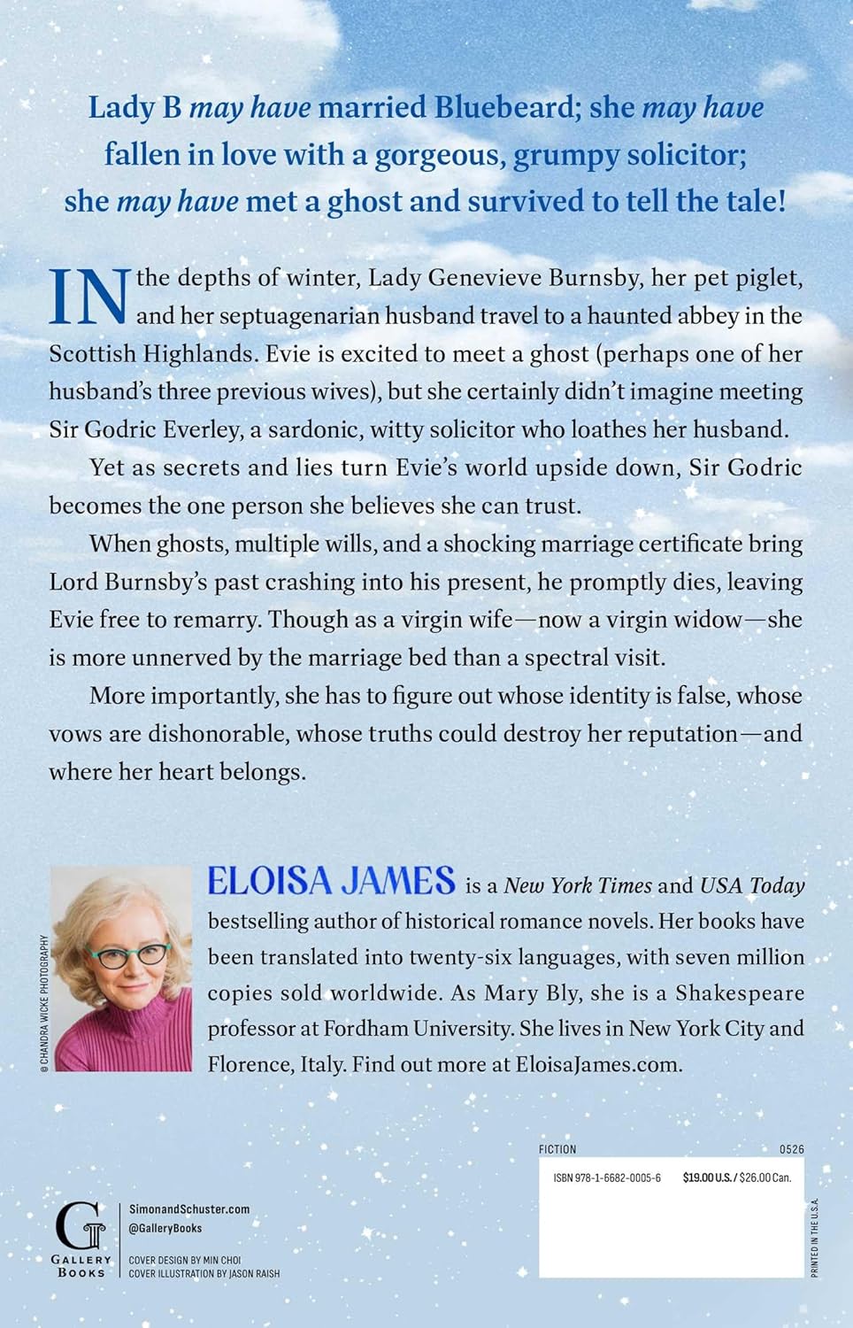 Book cover with text and a photo of Eloisa James, featuring a snowy background.