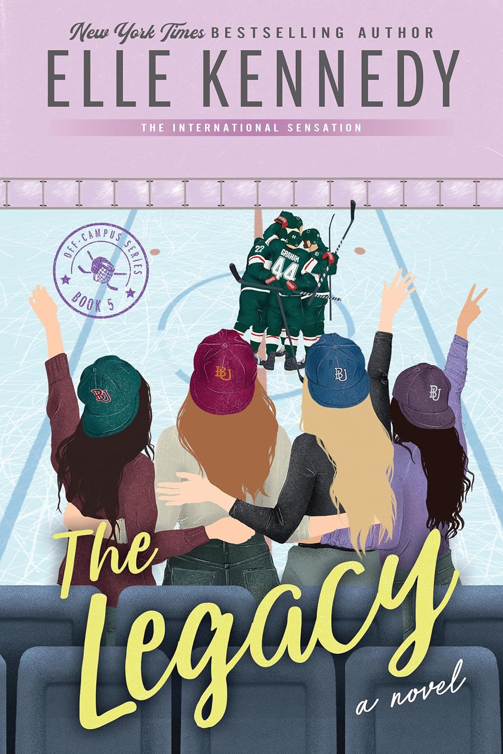 Book cover of 'The Legacy' by Elle Kennedy with a group of people cheering for a sports team.