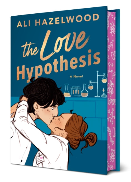 Book cover of 'The Love Hypothesis' by Ali Hazelwood with a couple embracing and laboratory equipment illustration.