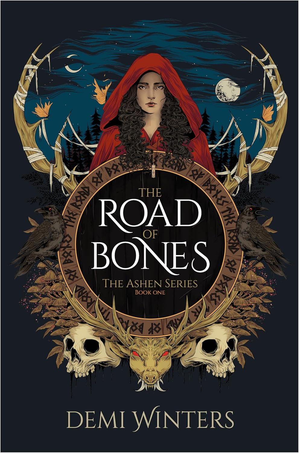 Book cover of 'The Road of Bones' by Demi Winters with a dark background and mystical design.