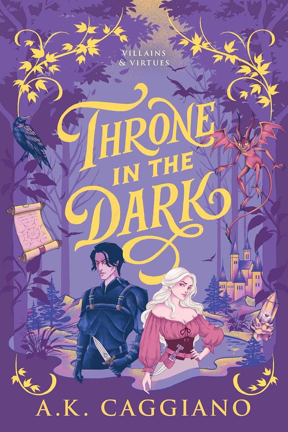 Book cover of 'Throne in the Dark' with two characters and decorative elements on a purple background.