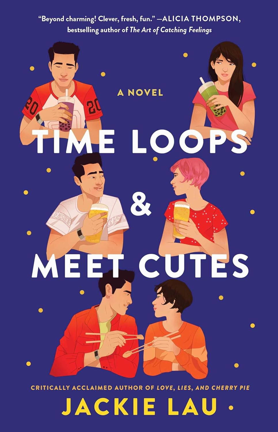 Book cover of 'Time Loops & Meet Cutes' with characters holding drinks against a blue background.