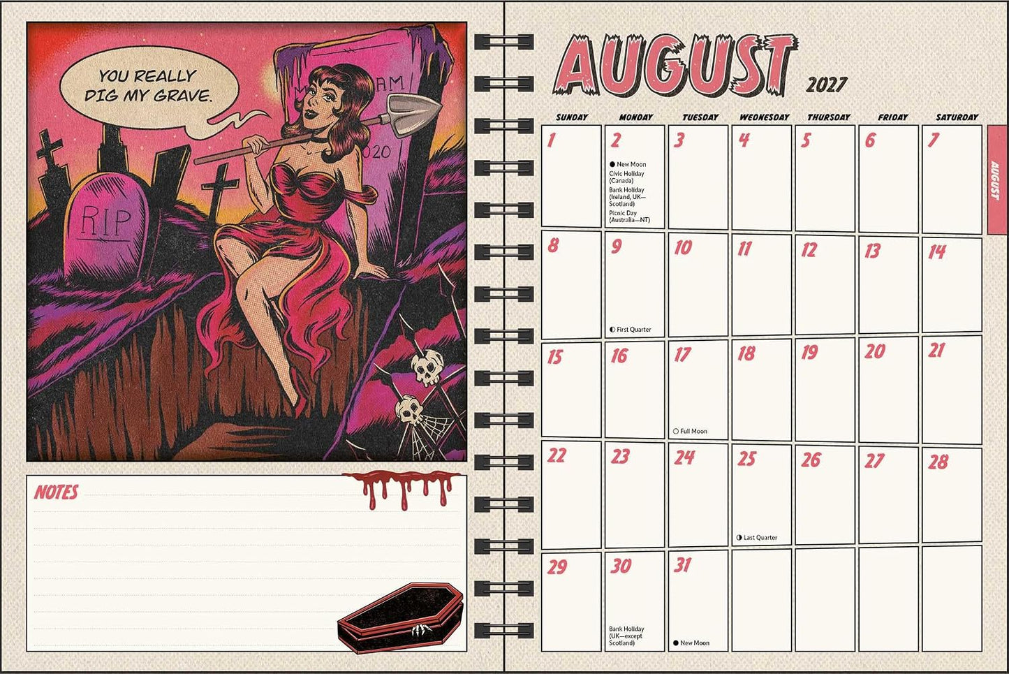 A vintage-style illustrated calendar spread showing August 2027 on the right and a Halloween-themed note section on the left, with a pin-up woman in a red dress beside a coffin and tombstones.
