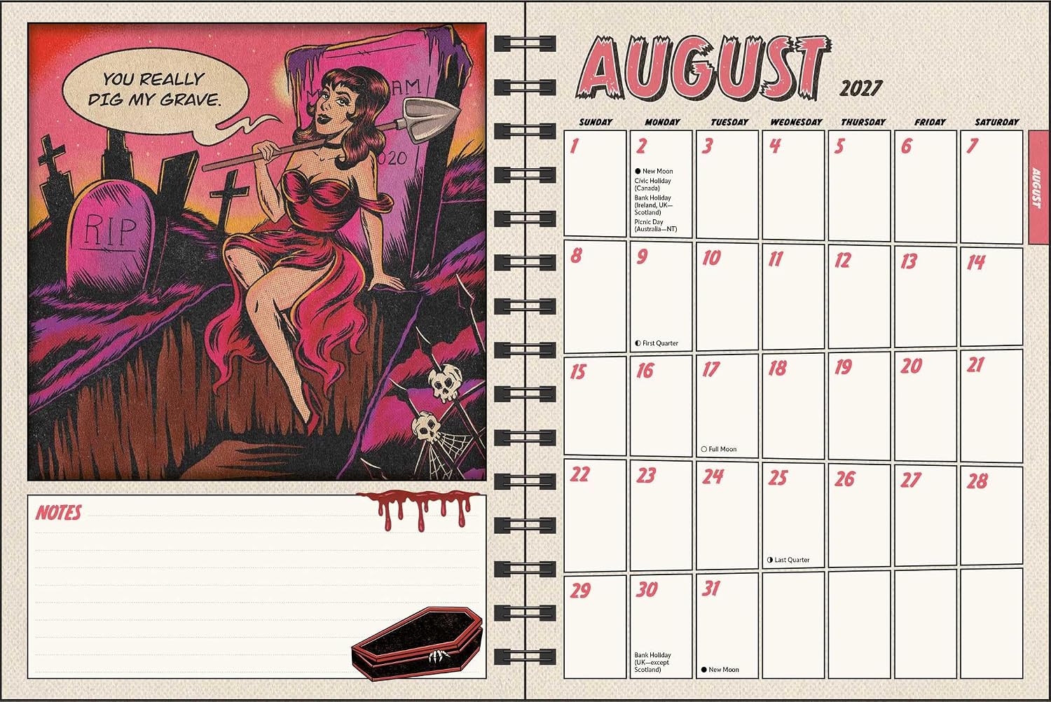 A vintage-style illustrated calendar spread showing August 2027 on the right and a Halloween-themed note section on the left, with a pin-up woman in a red dress beside a coffin and tombstones.