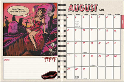 A vintage-style illustrated calendar spread showing August 2027 on the right and a Halloween-themed note section on the left, with a pin-up woman in a red dress beside a coffin and tombstones.