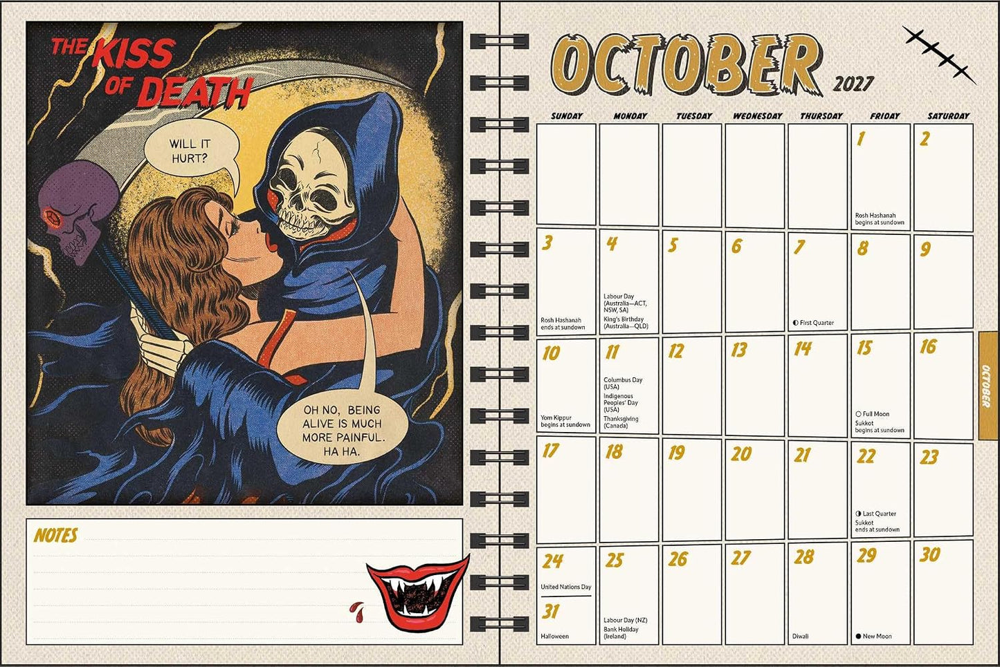 An open spiral-bound planner or desk calendar showing October 2027. The left page features a comic-style illustration of a hooded figure kissing a woman, with the title 'The Kiss of Death.