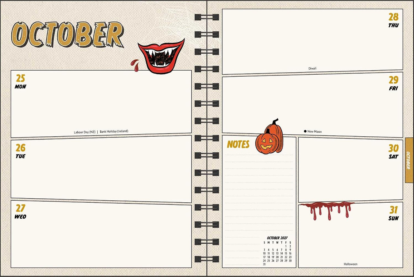 An open spiral-bound planner showing a October weekly layout with six daily boxes, a notes section, a small calendar, and Halloween-themed illustrations including a smiling mouth and a pumpkin.