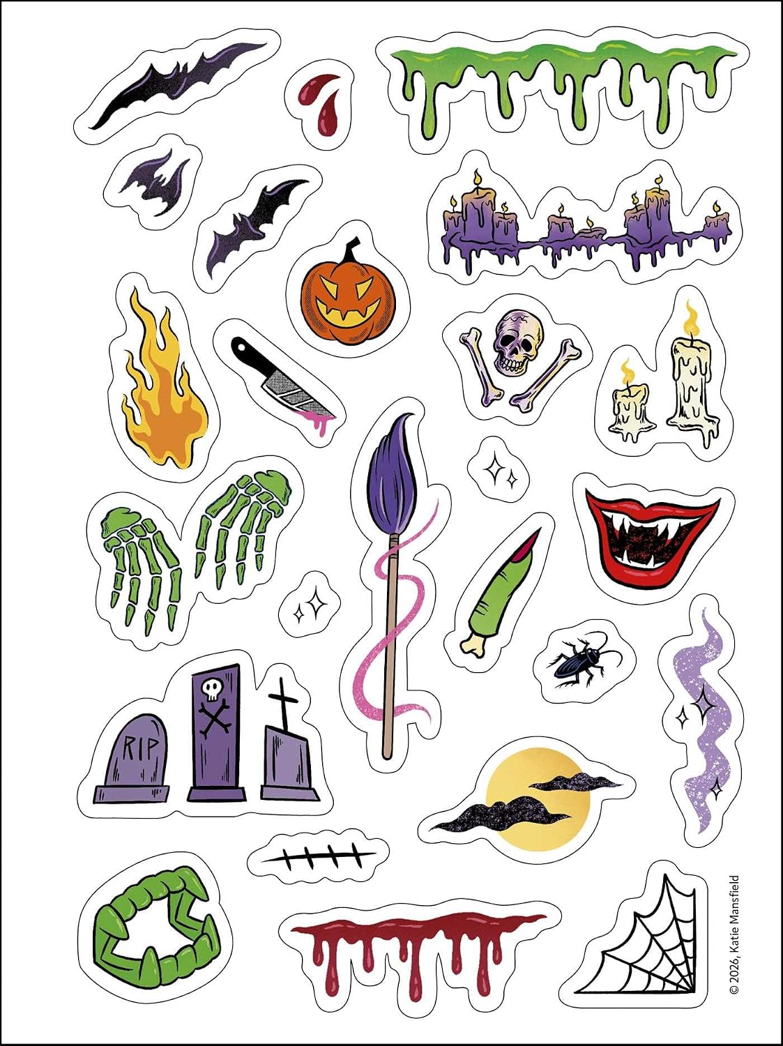 A sheet of Halloween-themed stickers featuring various spooky illustrations like bats, a pumpkin, tombstones, bones, candles, a broom, a snake, a spiderweb, and dripping blood on a white background.