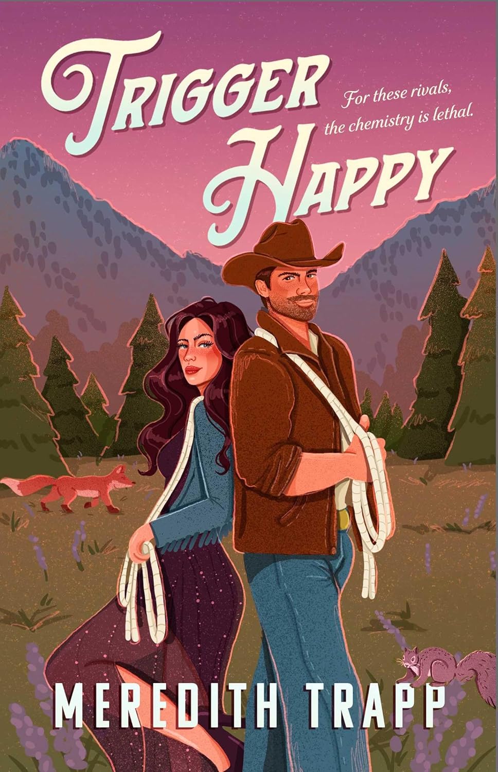 Book cover of 'Trigger Happy' by Meredith Trapp featuring a couple in a mountainous landscape.