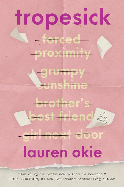 Book cover of 'tropesick' by Lauren Okie with a pink background and white text.