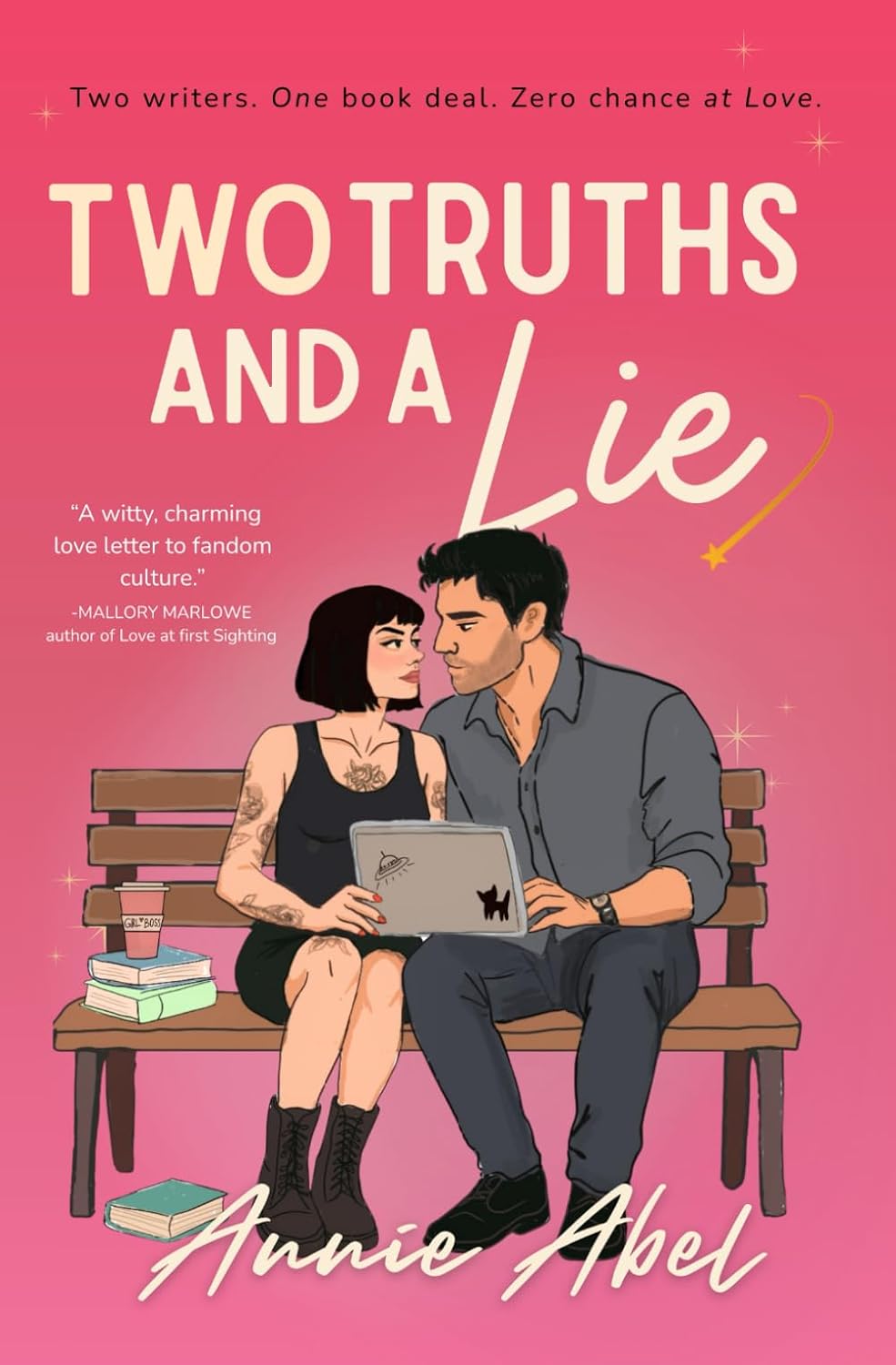 Book cover for 'Two Truths and a Lie' by Annie Abel, featuring an illustrated couple sitting on a bench against a pink background with bold cream title text.