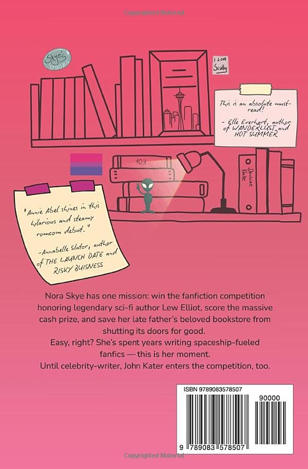 Book cover back view on a pink background, featuring illustrated bookshelves, sticky notes with quotes, a synopsis of Nora Sky's story, an ISBN barcode, and a small author badge.