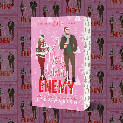 A boxed book cover for 'A Very Merry Enemy' by Lyra Parish, shown as a 3D box mockup against a purple patterned background. The box is pink with illustrations of a man and woman in winter clothing, white pine trees, and bold red title text.