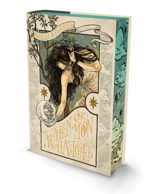 Book cover with artistic design of a woman and celestial elements on a white background