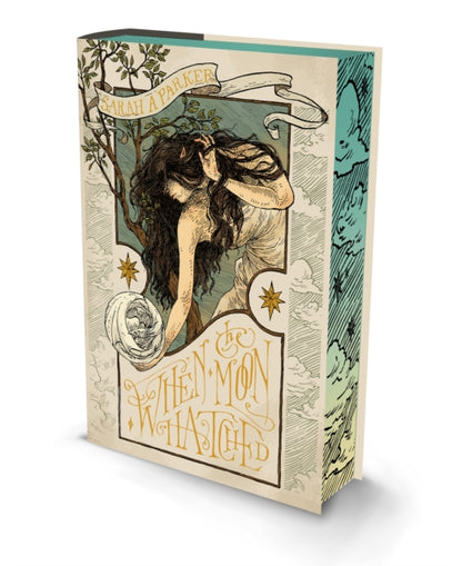 Book cover with artistic design of a woman and celestial elements on a white background