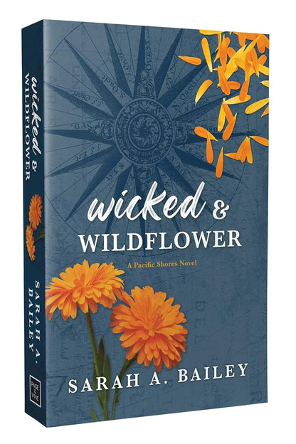 Book cover of 'Wicked & Wildflower' by Sarah A. Bailey with orange flowers on a blue background