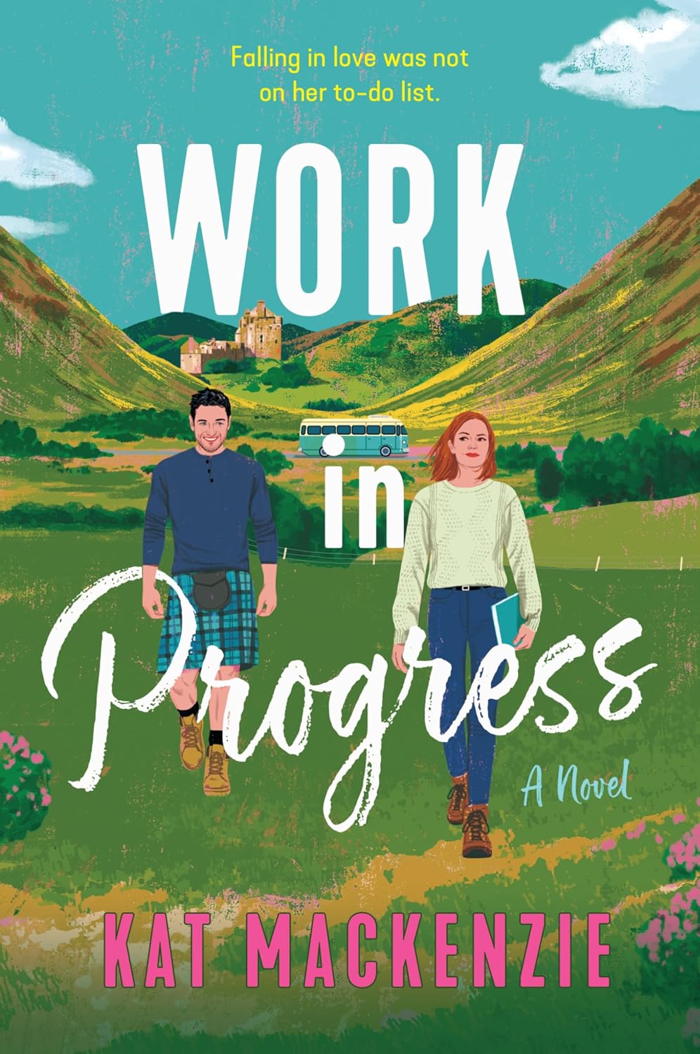 Book cover of 'Work in Progress' by Kat MacKenzie with a scenic background and two people walking.