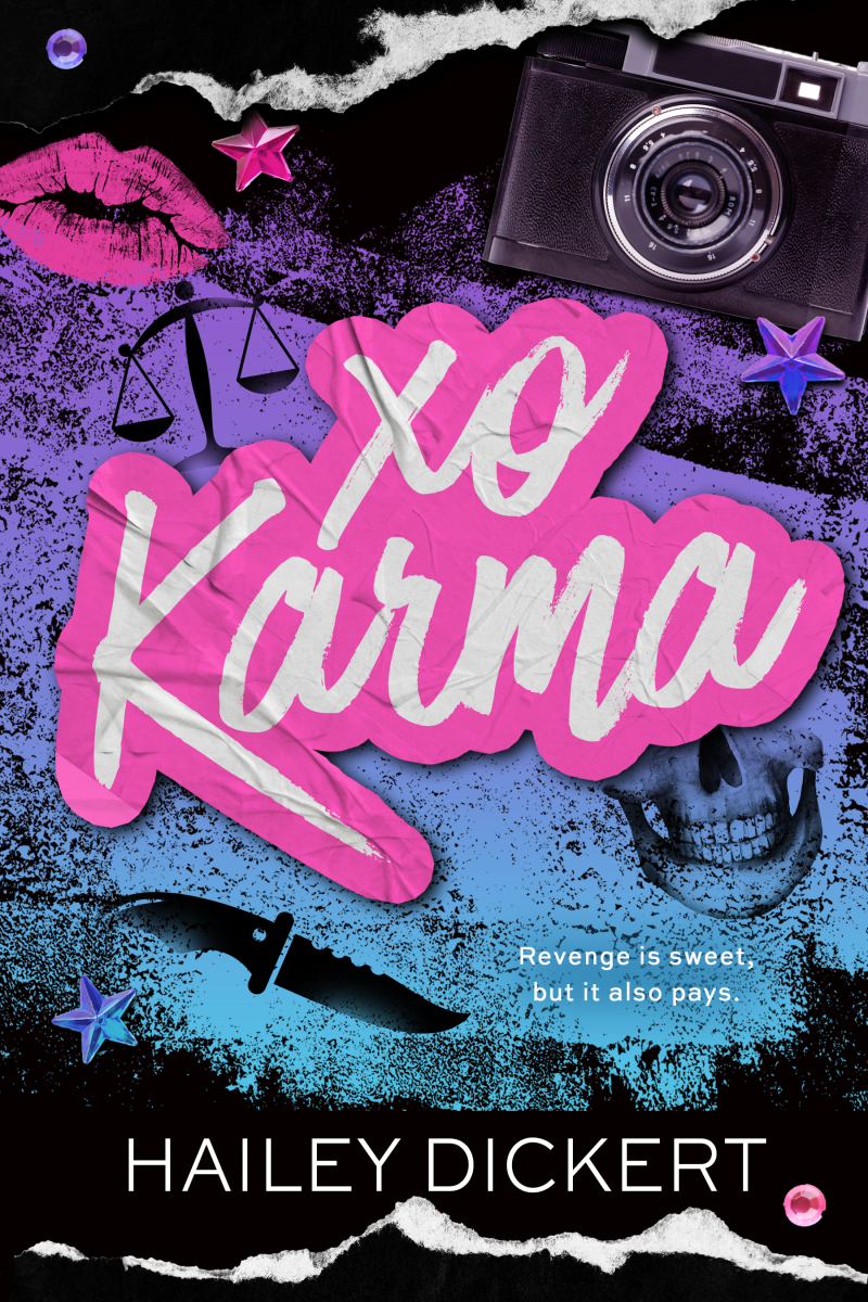 Book cover for 'xo Karma' by Hailey Dickert, featuring a vibrant pink and blue graphic design with a camera, lips, scales, knife, skull, and stars.