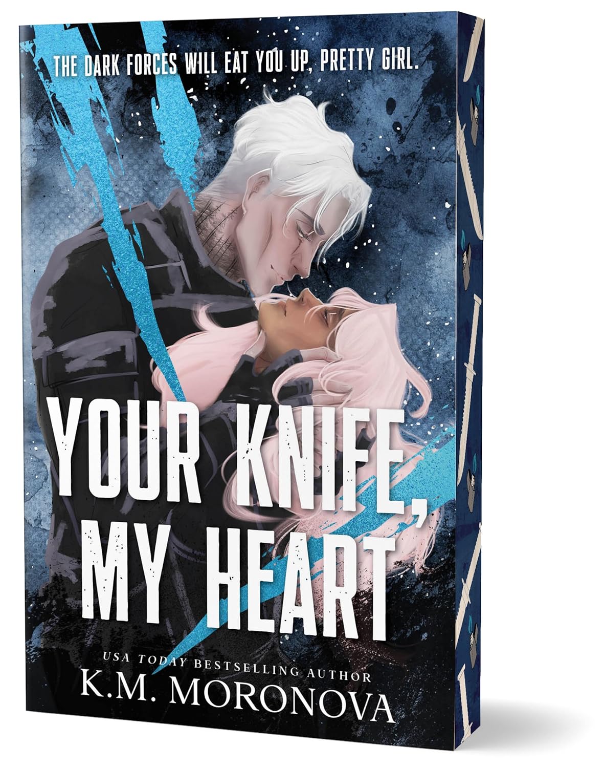 Book cover of 'Your Knife, My Heart' by K.M. Moronova with a dark and intense design.